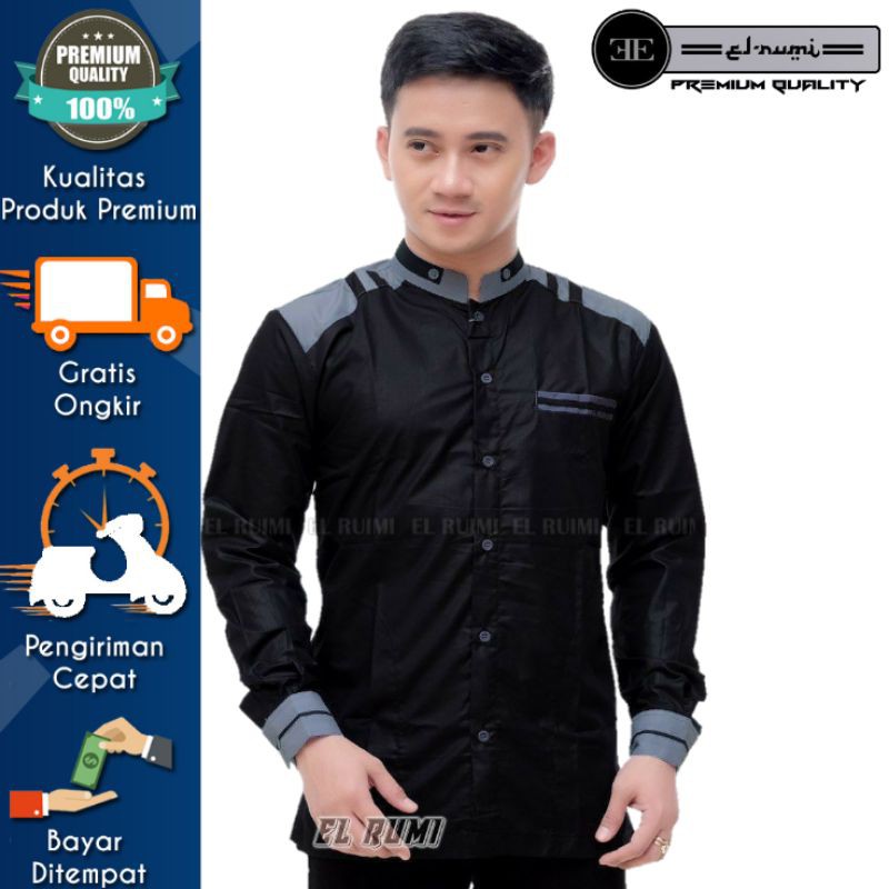 Baju Koko Lengan Panjang Atasan Fashion Muslim Pria Terlaris Elrumi Motif Adidas Hitam Baju GUS AZMI