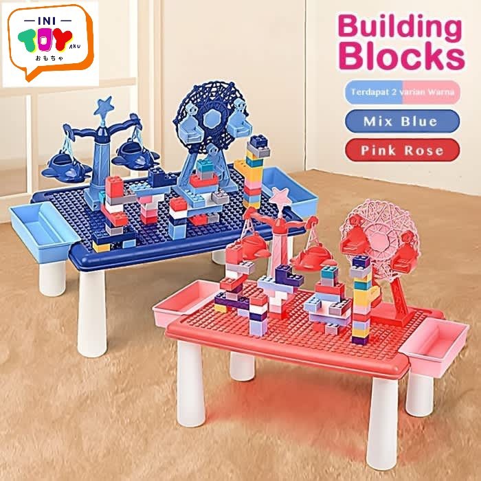 building blocks lego with table meja lego mainan edukasi - Merah Muda