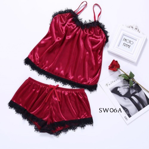 [TOKO TERPERCAYA] SETELAN PIYAMA WANITA BAJU TIDUR SEXY NIGHTGOWN SATIN MAROON SW06A