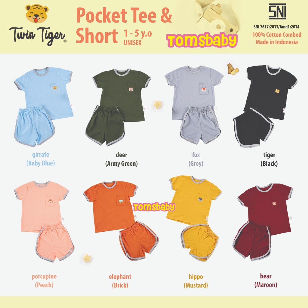 TWIN TIGER 1stel Baju Setelan Kaos Anak Pocket Tee Motif Bordir Retro ( 0-5 tahun)