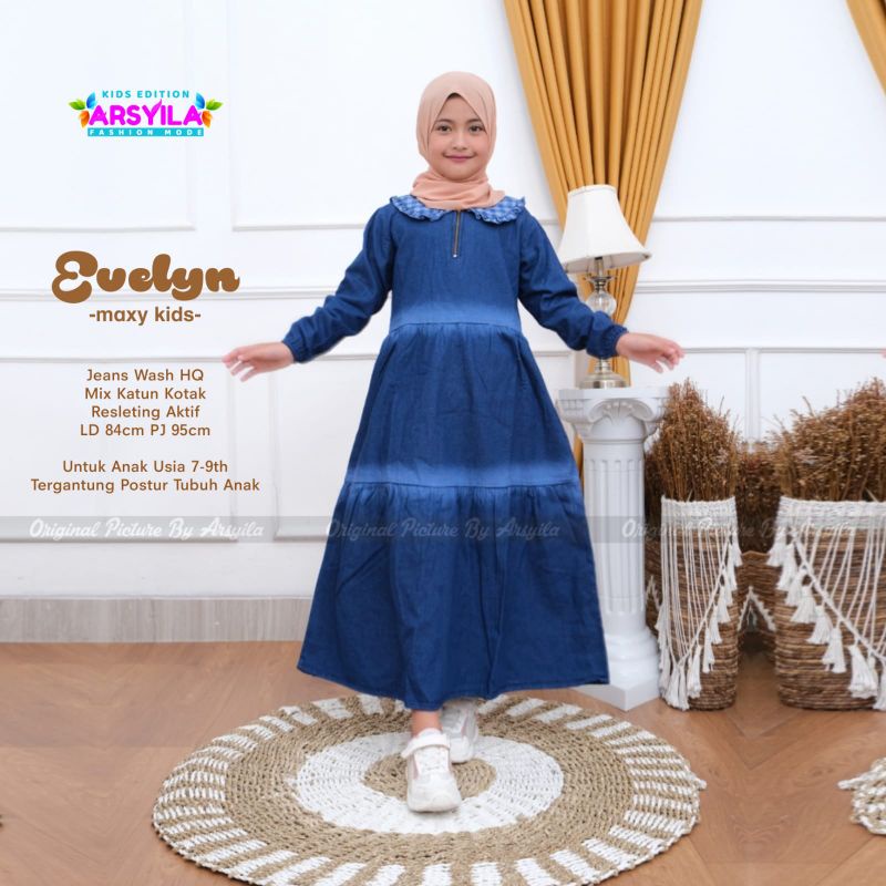 Evelyn dress kids by arsyila bahan jeans wash