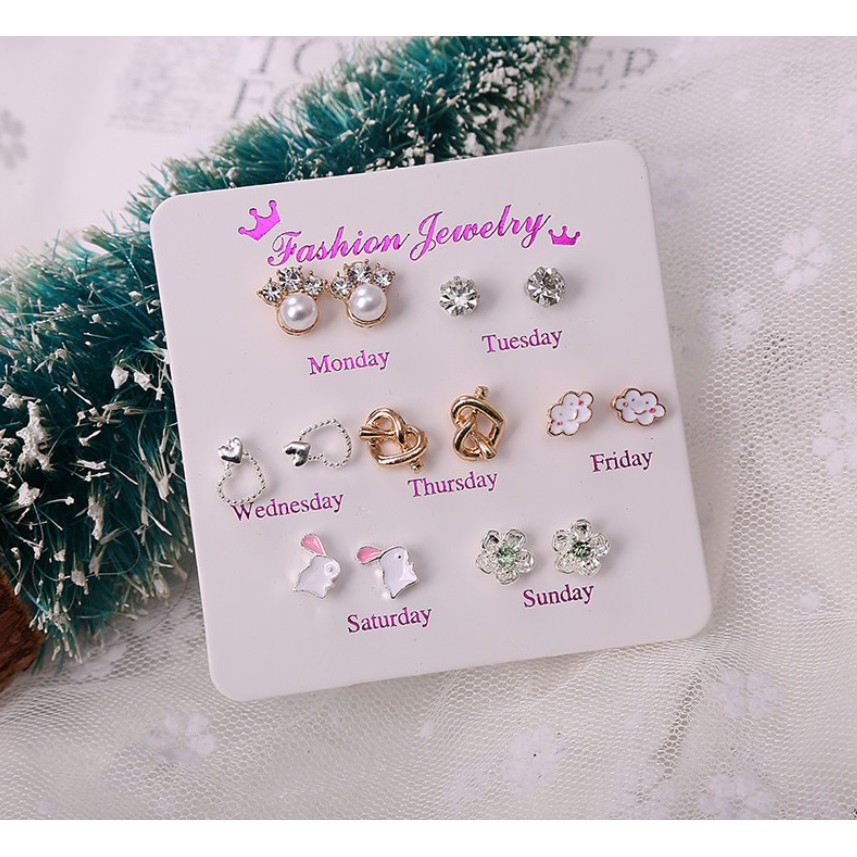 7 Pasang Anting Tindik Tusuk Set  #9 AWAN Satu Minggu Week Ins Gaya Korea Fashion Plug Earring