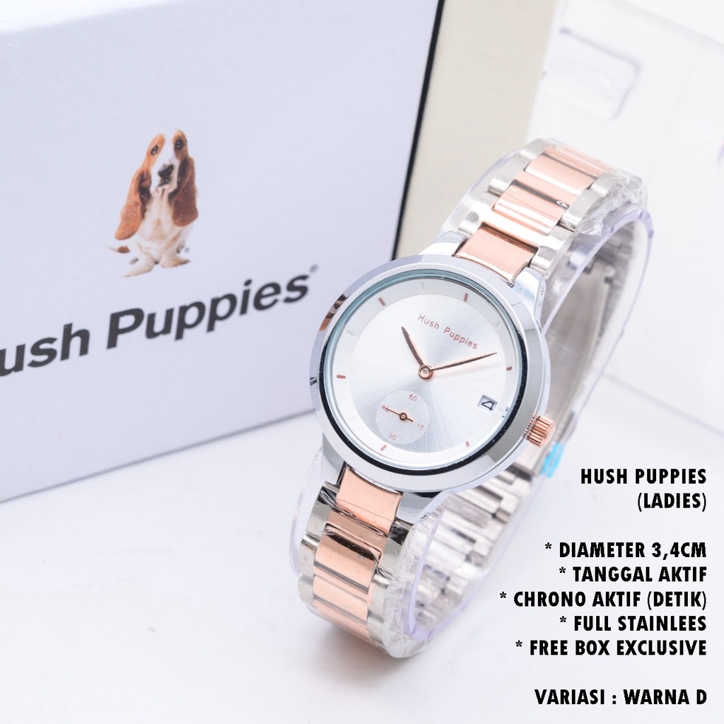 (FREE BOX) JAM TANGAN WANITA HUSH PUPPIES RANTAI BODY BULAT TANGGAL &amp; CHRONO AKTIF