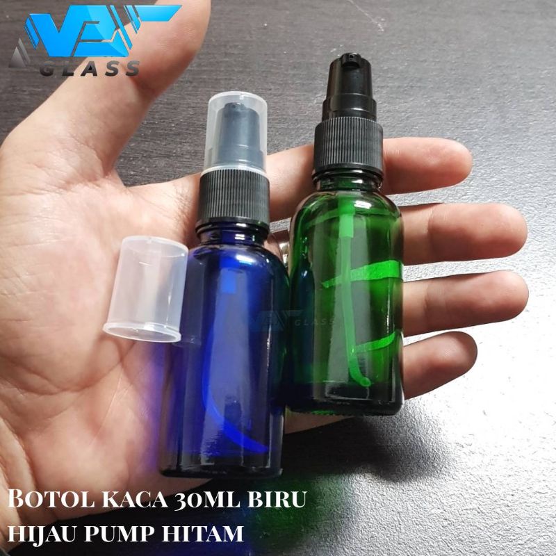 botol kaca 30ml pump hitam / botol kaca 30ml biru/hijau treatment pump