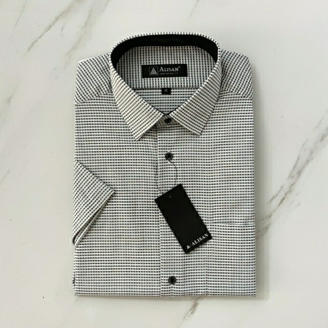 Alisan Kemeja Pendek Reguler Motif Kotak Kecil Hitam Putih S - XXXXL