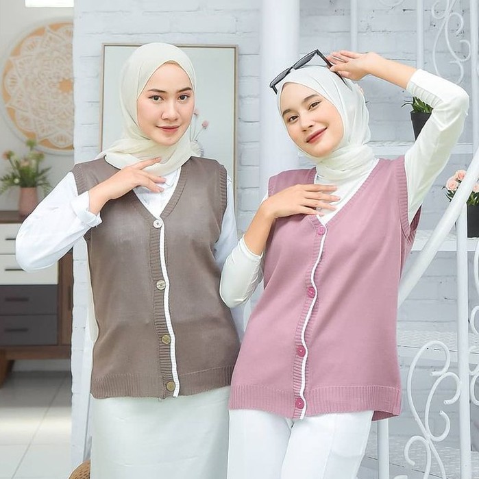 Mizu Vest Knit Polos / Rompi Rajut List White / Rompi Polos Wanita - RFJJ