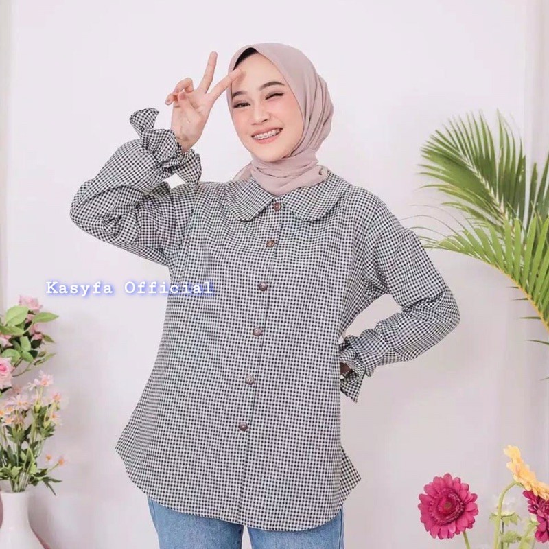 TRIA BLOUSE // TARTAN BLOUSE KOTAK DAUN KRAH LENGAN KERUT