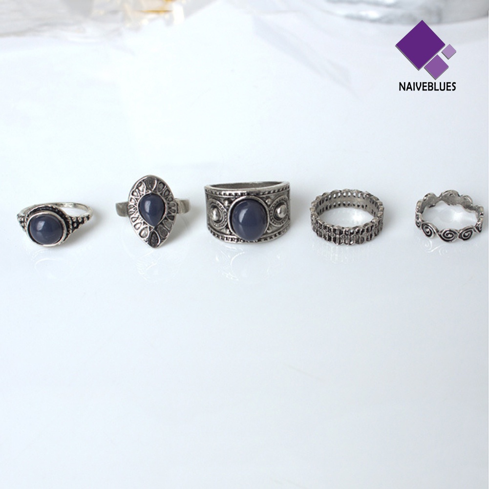 Naiveblue 5Pcs / Set Cincin Gaya Vintage Bohemia Aksen Batu Biru Untuk Perhiasan Wanita