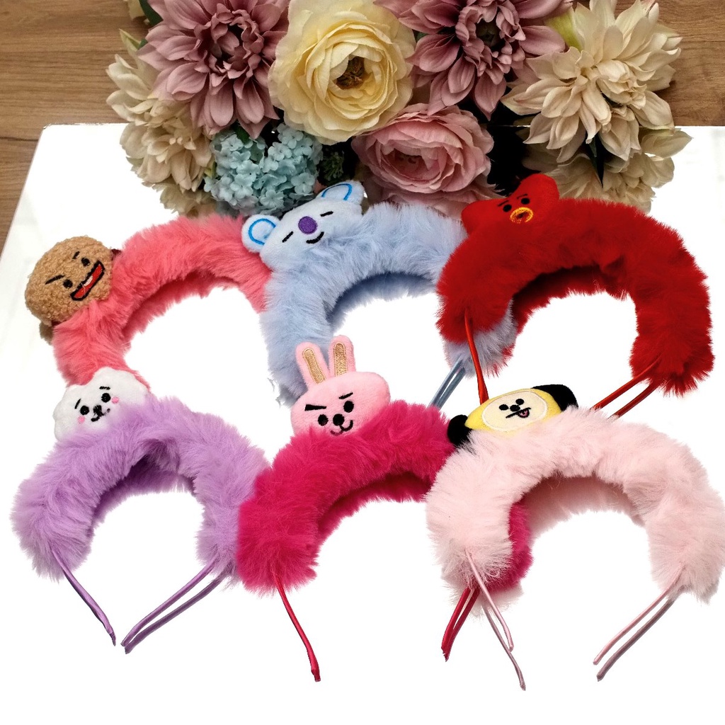 Bando BT21 Full Bulu Halus Lembut Bando Pompom Boneka BT21 Korea Warna Warni Soft Bandana Aksesoris 