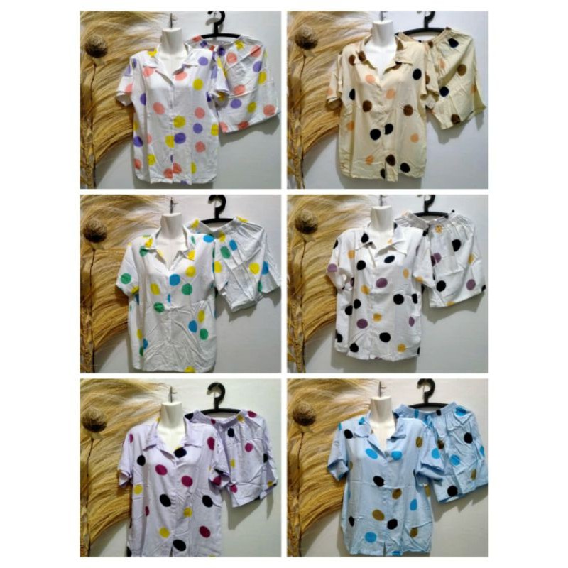 set piyama kerah celana pendek motif polkadot rayon bali