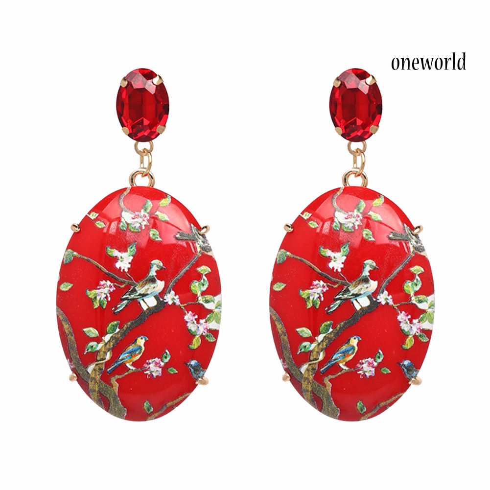 OW@ Retro Women Floral Oval Faux Gemstone Dangle Earrings Eardrop Party Jewelry