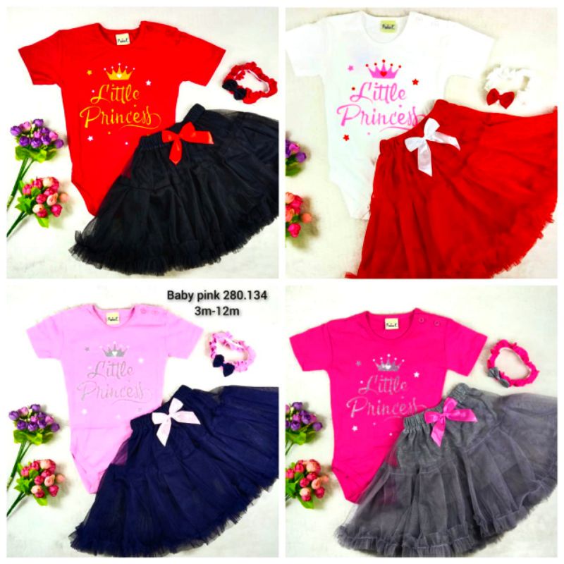 Baju Bayi Perempuan Setelan Jumper rok tutu 0-18 Bulan FREE BANDO pink tutu motif little princess