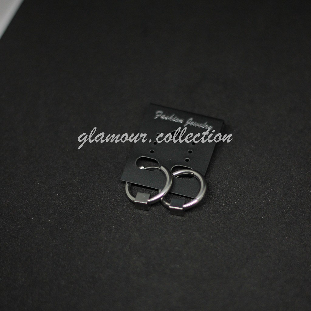 Anting Tindik Telinga Pria Titanium Model Bulat/Ring Bandul Kotak Ala Kpop Punk SILVER 14mm