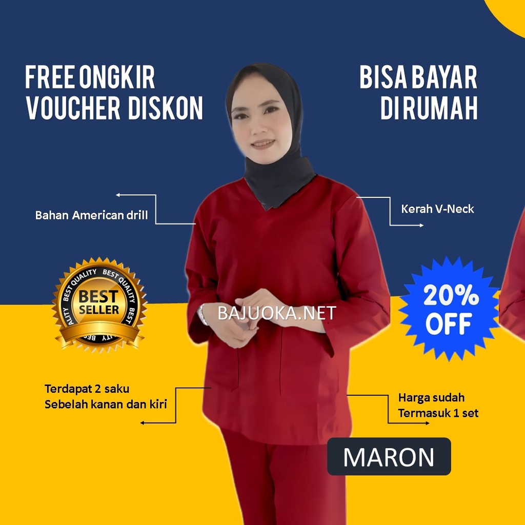 Baju Perawat Oka American Drill Kerja Jaga Petugas Medis Terbaru Lengan 3/4 7/8 Pendek Med Scrub Per