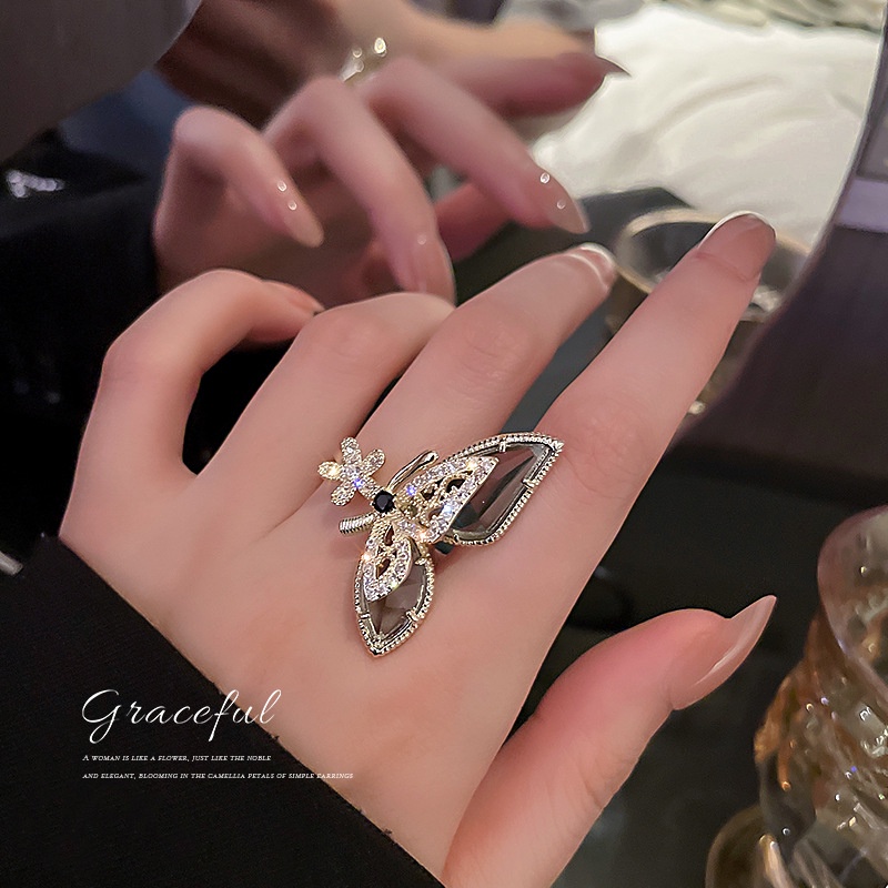 Gelang Cincin Model Terbuka Desain Bunga Butterfly Hias Kristalberlian Gaya Korea Adjustable Untuk Wanita