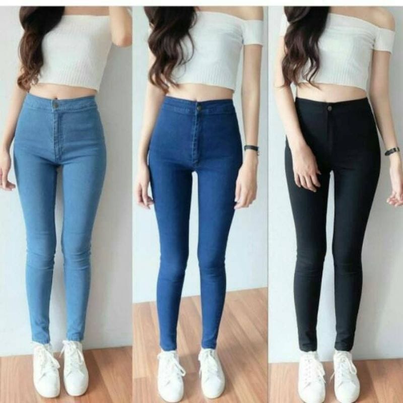 YAOSHI - Celana Panjang Jeans Wanita  highwaist Jeans Polos Basic Melar &amp; Ngaret ( BAHAN GOOD QUALITY )