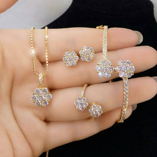 Perhiasan Set Swarovski Bunga Perhiasan Berlian Replika Perhiasan Silver Emas Wanita Perhiasan Korea
