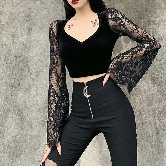 [Goth Story] Sexy Lace Long Sleeve Vneck Velvet  T-shirt Atasan Renda Lengan Panjang 8469 (S/M/L)