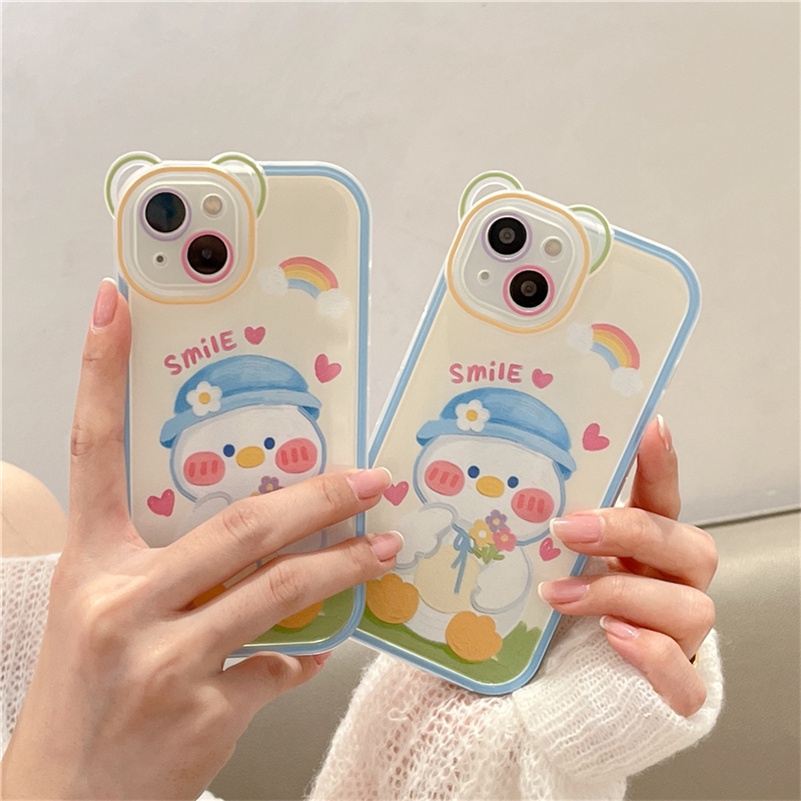Soft Case Silikon Motif Bebek Beruang Putih Untuk Compatible for iPhone 14 13 12 11 Pro Max X Xr Xs Max iPhone 8 7 6 6s Plus SE 2020 White Duck Phone Case Bear Frame Full Cover Soft Silicone Shockproof Phone Protective Cover