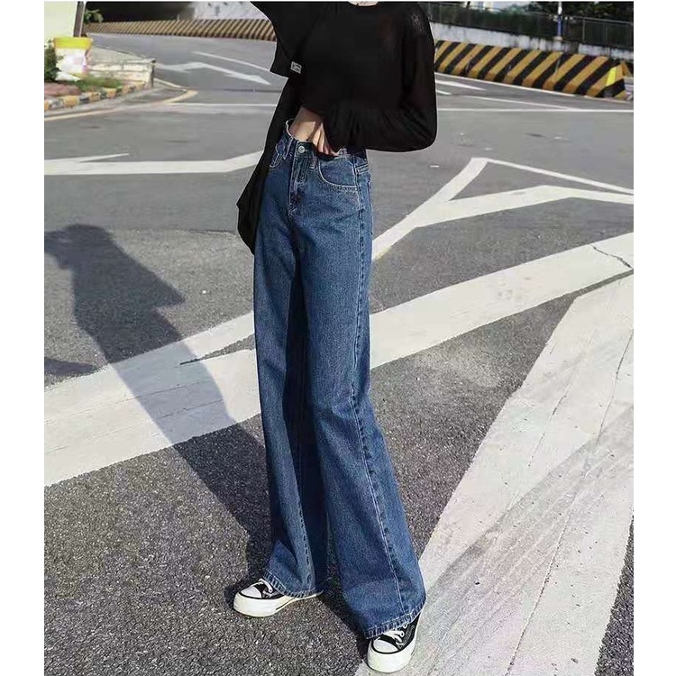 Biru laut Highwaist Wanita Loose Berkaki Lebar Denim Celana Jens Wanita