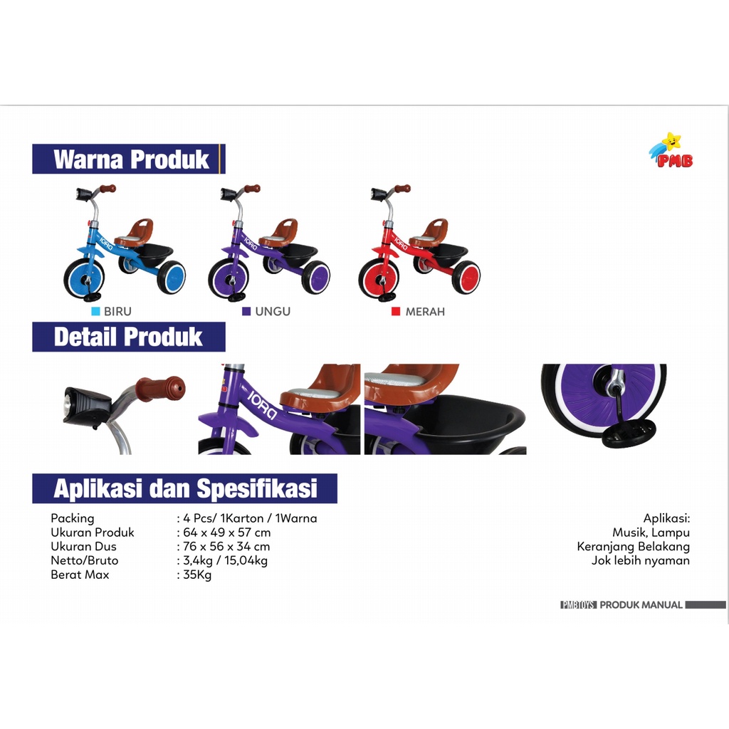 Sepeda Anak Tricycle IORA TC07 PMB TOYS Roda Tiga Garansi Original SNI COD-1