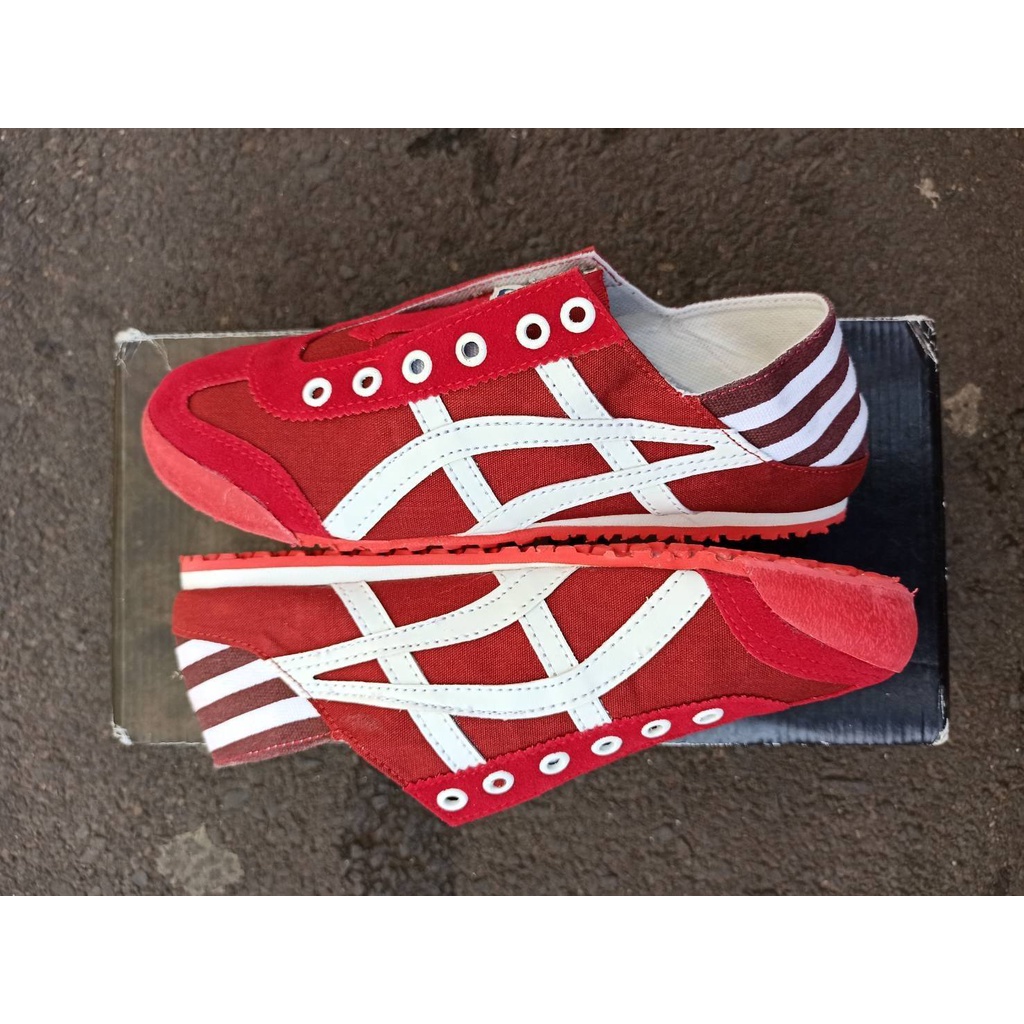 CK19 - Onitsuka-Suka Sepatu Slip On Wanita Merah List Putih Keren Bagus Murah Berkualitas Size 36-40