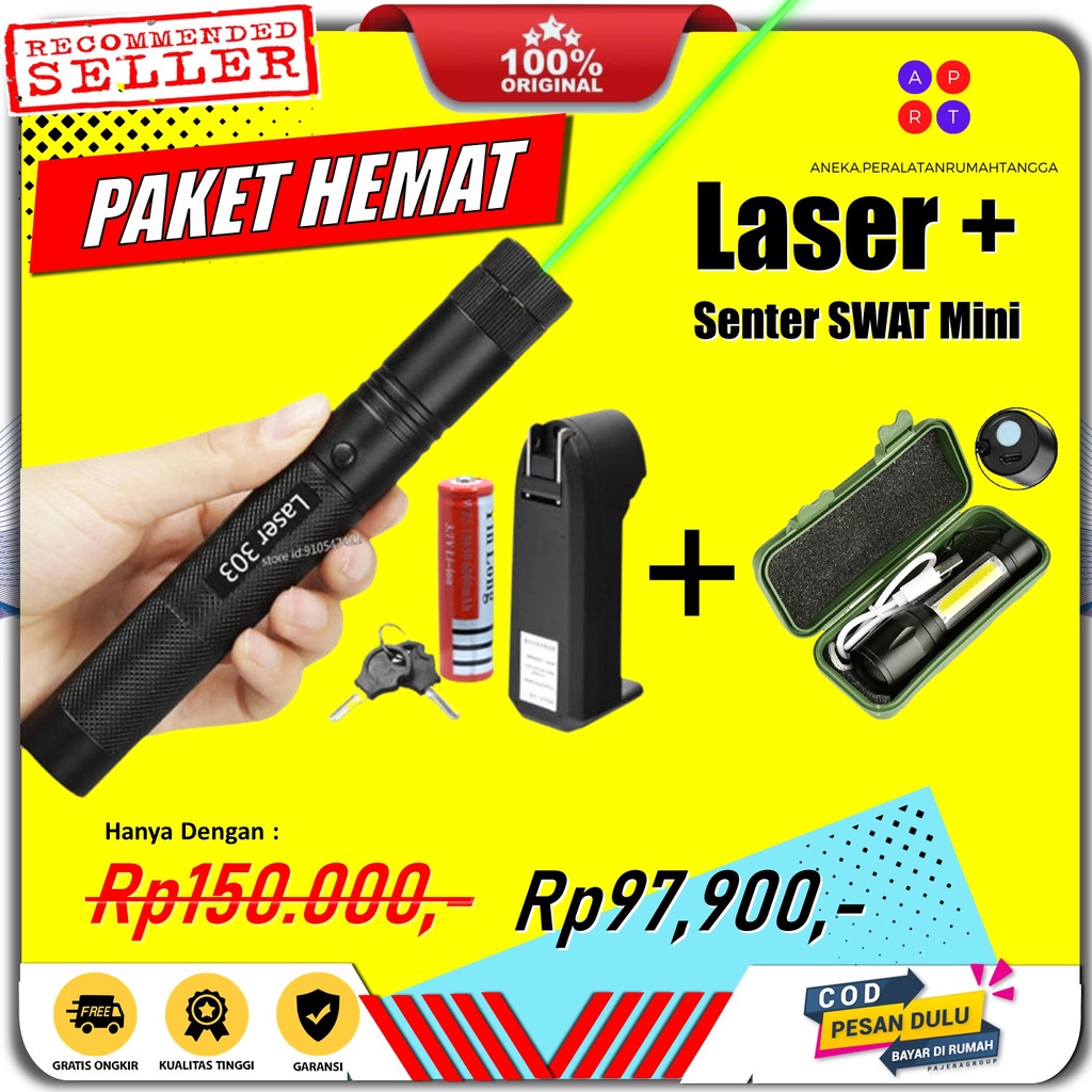 PAKET HEMAT Green Laser Pointer Vansear V-303 Laser Hijau Jarak Jauh Laser Pointer Laser Presentasi Original + Senter Jarak Jauh Mini SWAT