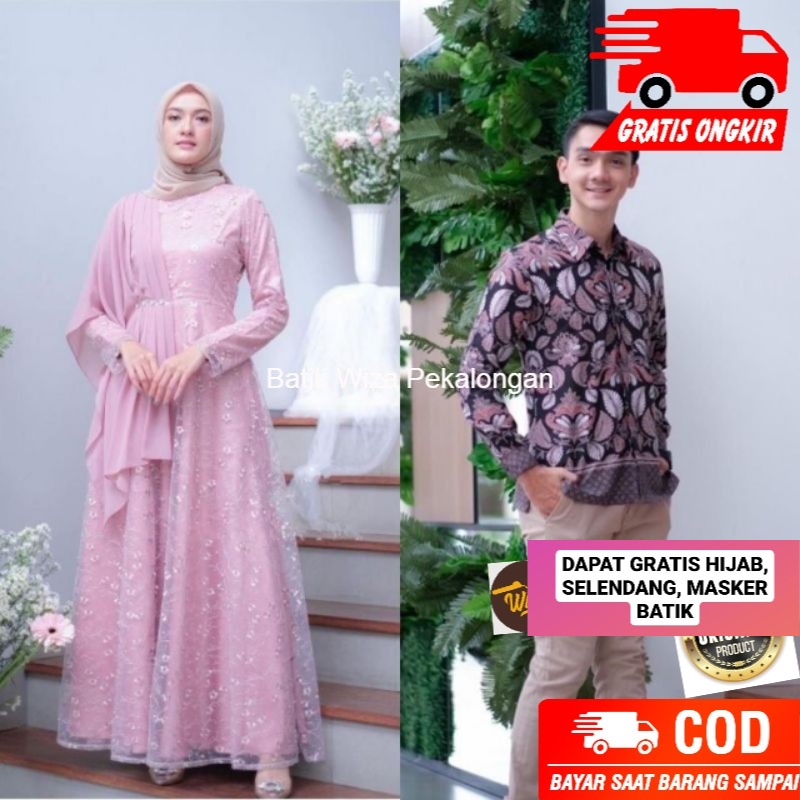 Baju Couple Syari Batik Pasangan Atasan Wanita Keluarga Gamis Modern Brukat Wisuda Lamaran