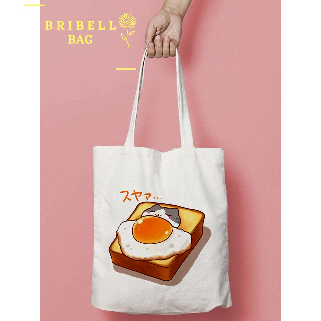 Tote Bag Kanvas Bergambar - Sleeping Cat with Bread