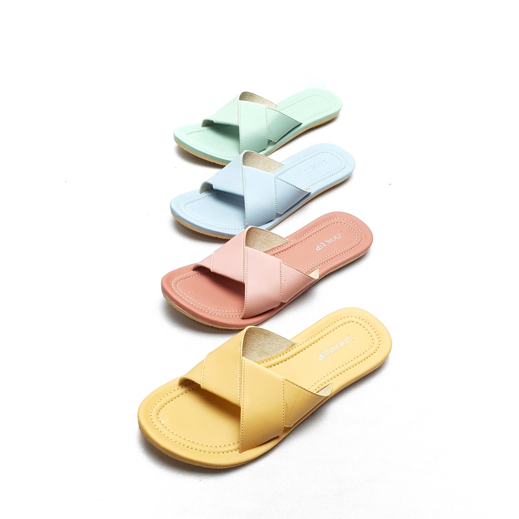 Sandal Kulit Wanita Sendal Wanita Sandal Teplek Wanita Kokop Slide Pastel Kekinian Look Up- XERENA