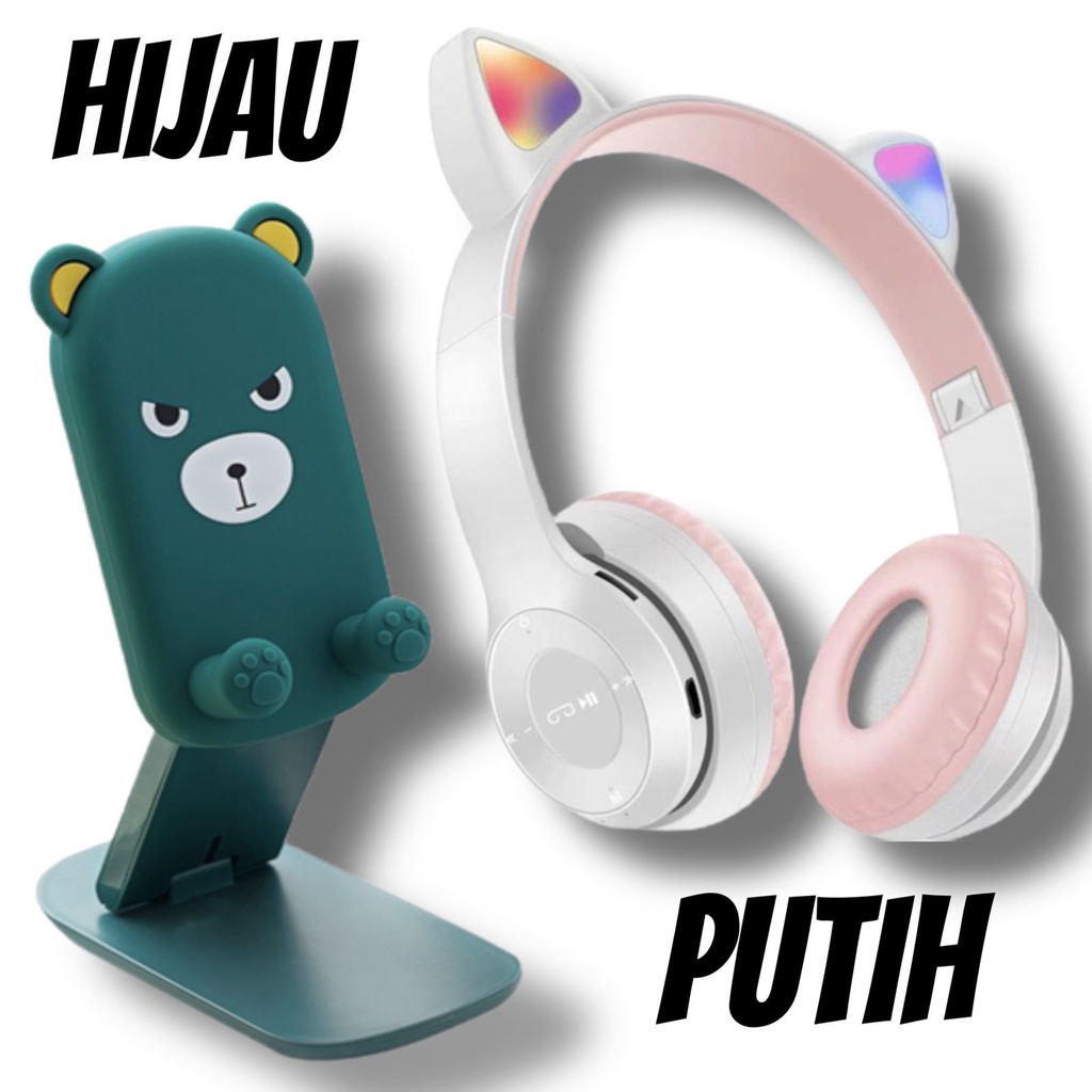 Silvertech Paket Belajar Online Headphone Bluetooth dan Holder Meja Imut Headphone Kucing dan Holder Meja Karakter