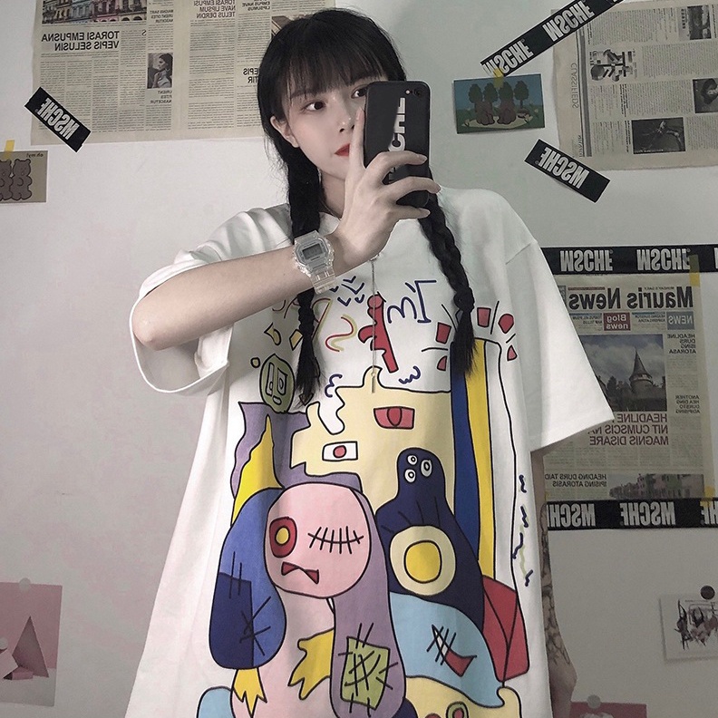 KBS-114 kaos oversize full print cartoon abstrak colorfull t-shirt import korea jepang