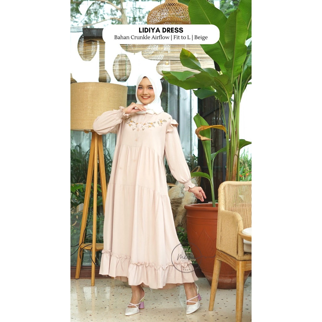 Lidiya Dress Wanita Remaja Muslim Busui Aksen Bordir Simple Terbaru Bahan Crinkle Airflow Premium Fit to L /  Gamis Rempel Susun Polos Kondangan Elegan Kekinian / Dress Putih Lebaran Modern Mewah Terbaru / Fashion Muslim Wanita Nabila Dress Viral 2022