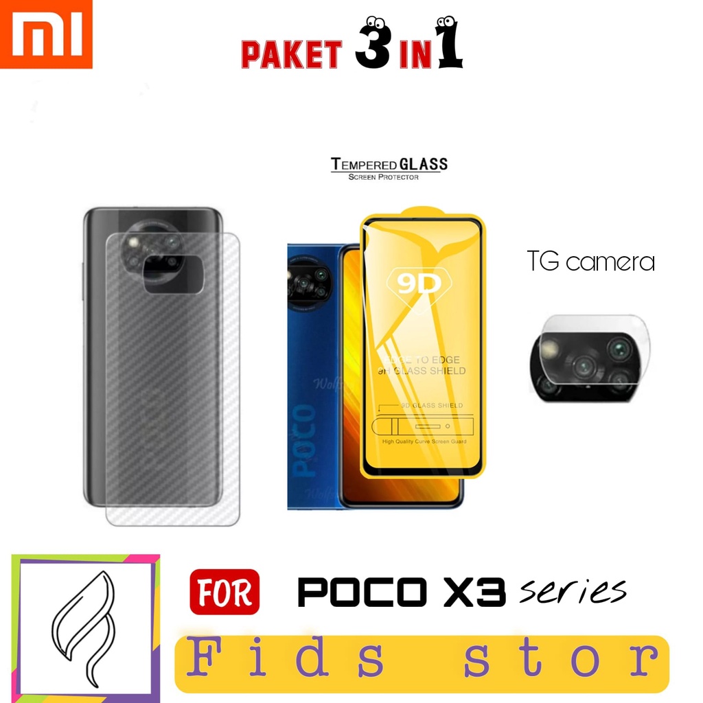 PROMO 3in1 TEMEPERED GLASS FULL COVER BLACK +LENS CAMERA + GARSKIN CARBON For Xiaomi POCO X3 PRO NFC