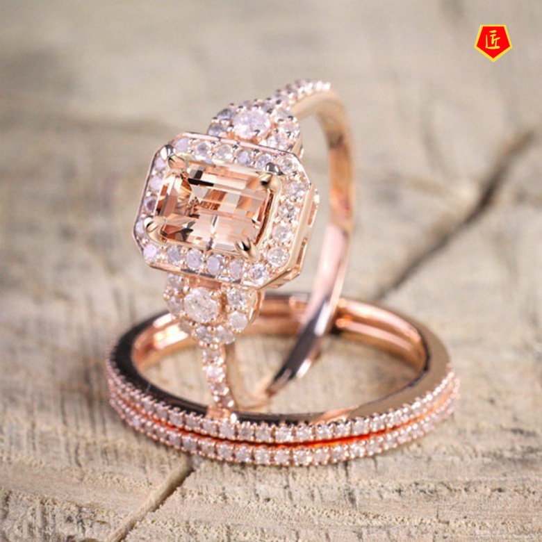 [Ready Stock]18K Rose Gold Ring Set Micro-Inlaid Gem Creative Elegant Graceful