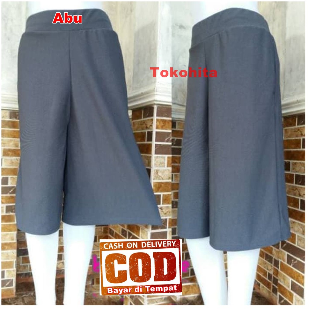 Morashop Celana Kulot Pendek 3/4 Polos Bahan Waffle Crepe Kulit Jeruk-Abu