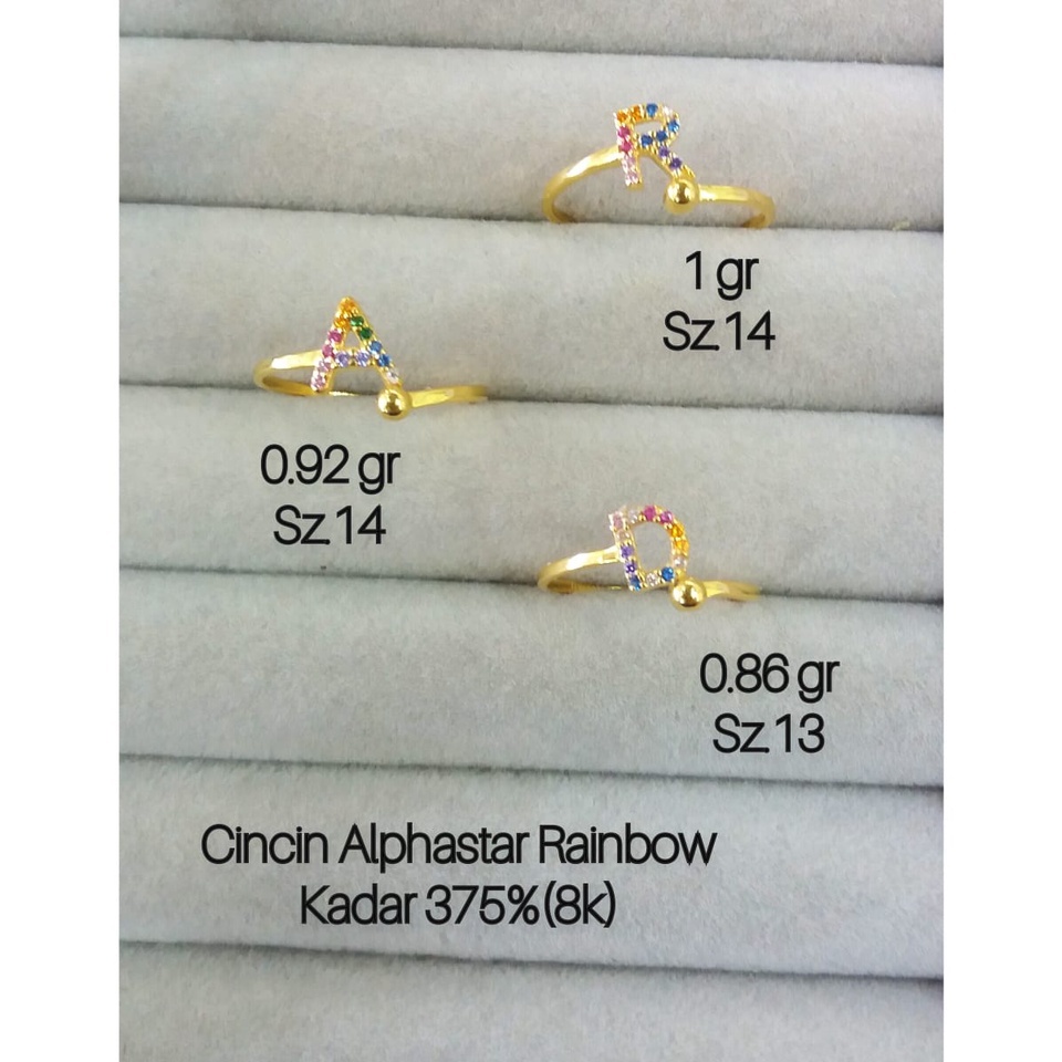 Cincin rainbow huruf emas asli kadar 375/8karat hwt gold