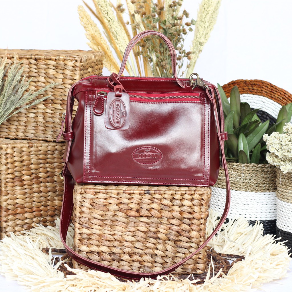 TAS KULIT SAPI ASLI WANITA HAND BAG DAN SLEMPANG BELLA MAROON / FREE GRAVIR NAMA DI GANTUNGAN TAS