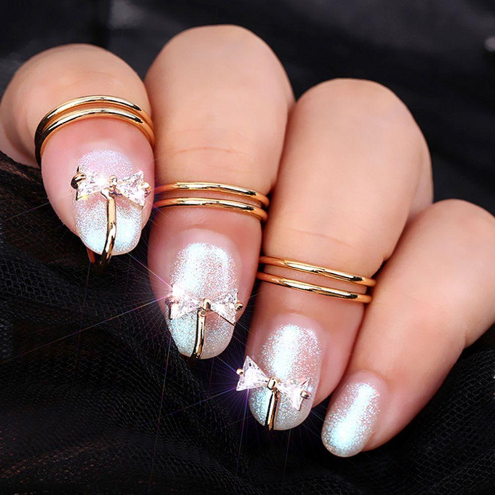 R-flower Nail Ring Charm Aksesoris Fashion Warna Perak Berlian Imitasi Pelindung Kuku