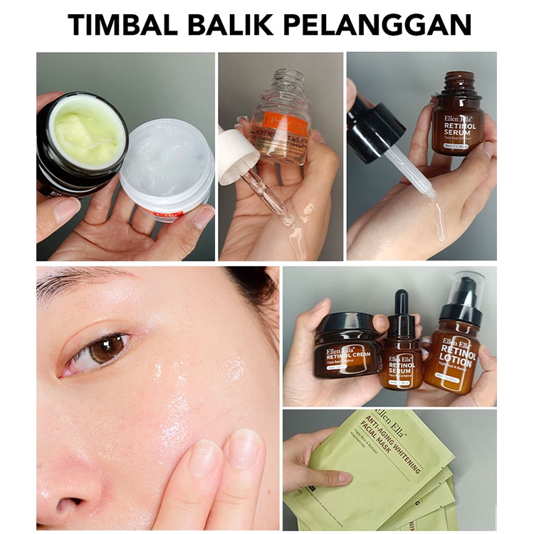 【Stok tersedia, tiba dalam 3 hari】ELLEN ELLA Trible Retinol Set Krim Wajah Kolagen + Serum Wajah + Masker Niacinamide + lotion retinol + krim vitamin c + serum vit c Anti Penuaan Pemutih Memperbarui Kulit Mengurangi Garis Halus Keriput memajukan retinol