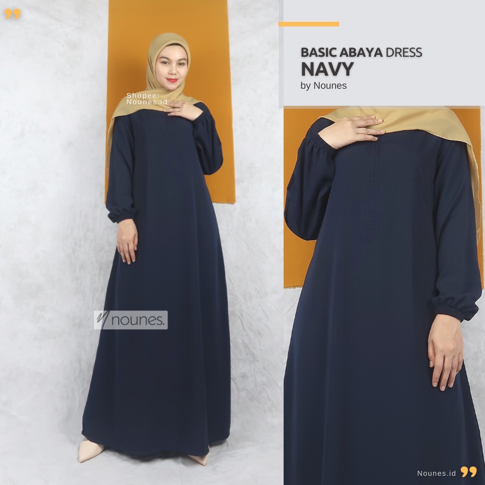 Nounes Basic Abaya Dress Gamis Daily Polos Syari Wanita Muslim Lengan Panjang Saku Kanan Busui Friendly Plain Sleve Inner Wolfis Woolpeach Grade A Warna Black Pink Navy Hijau Maxi Simple Size S M L XL Jumbo XXL LD 92 98 104 110 120-NAVY