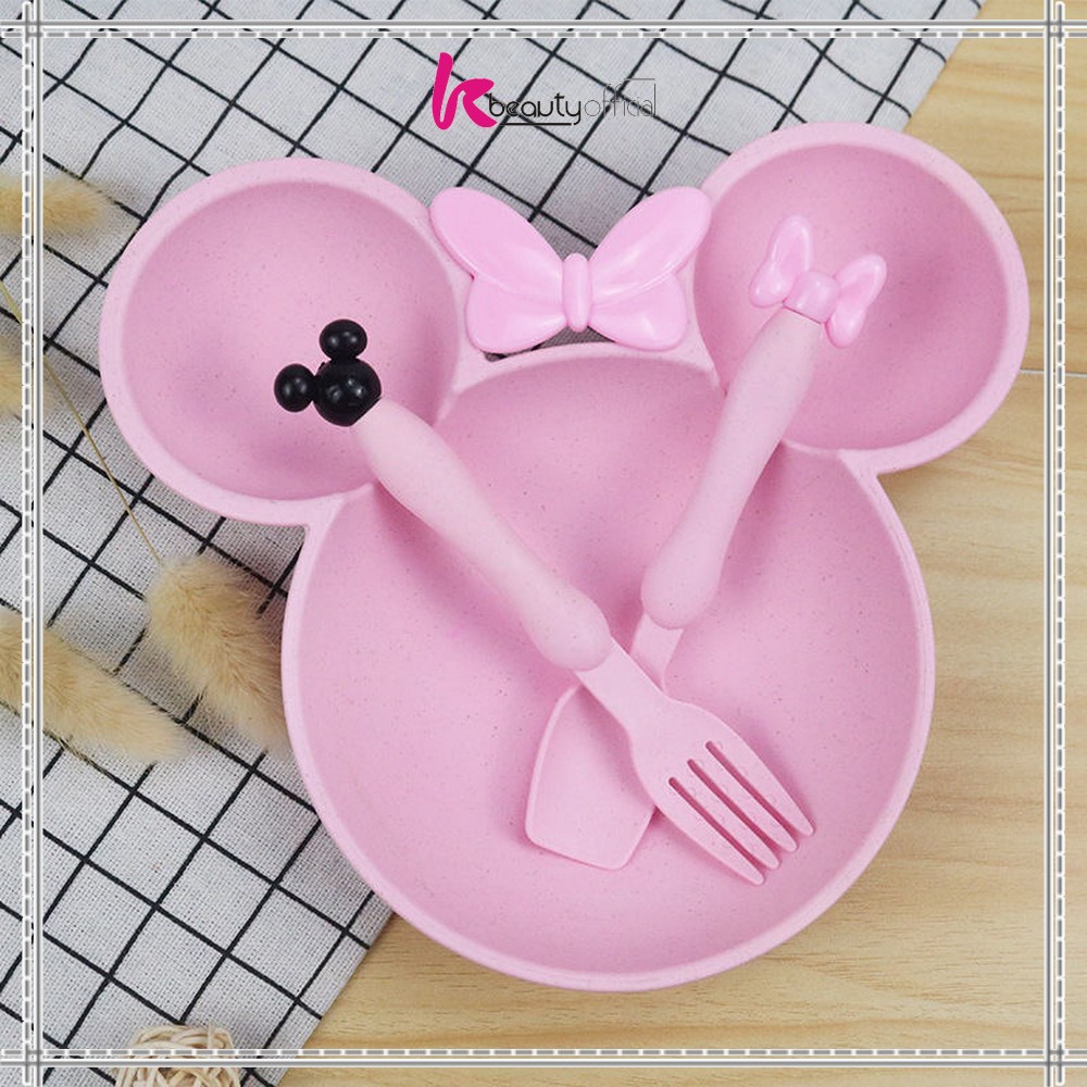 KB-C373 Piring Makan Anak Karakter Miki Set Sendok Garpu / Mangkok Makan Wheat Straw / Tempat Makan Anak Set / Mangkuk Makan Bayi Bahan Jerami Gandum-PINK