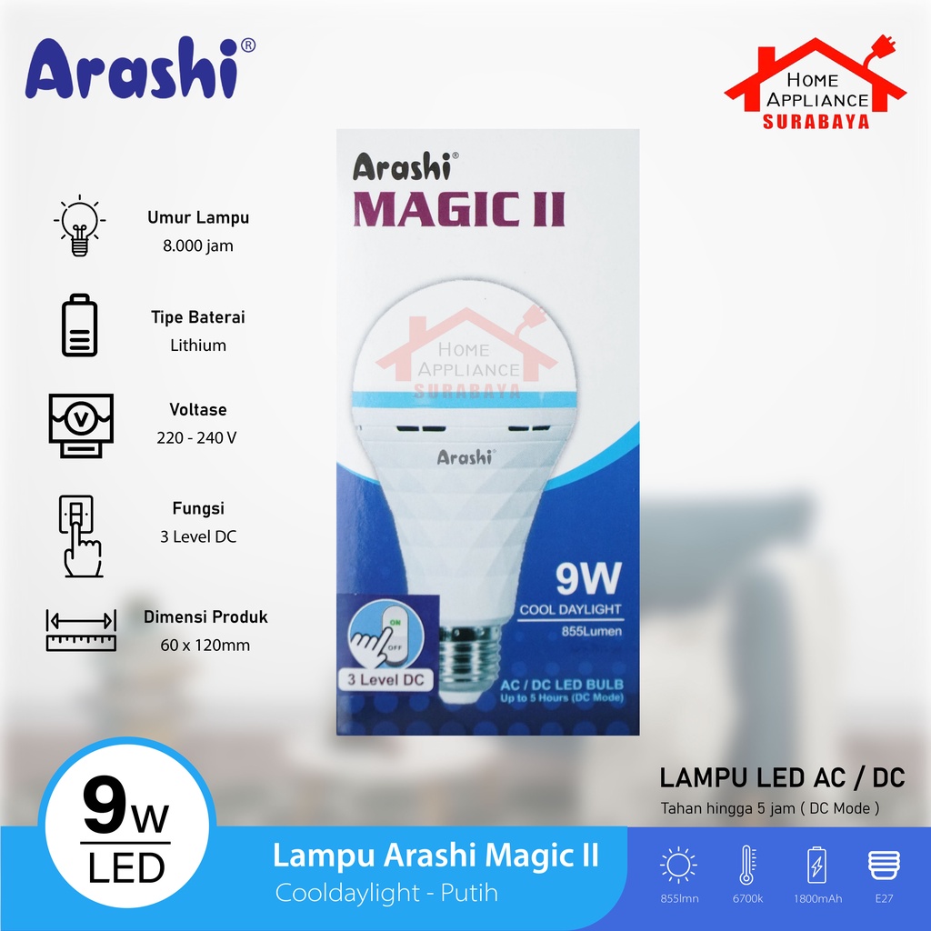 Lampu Bohlam Emergency LED Lamp Arashi Magic II 9W 12W 18W - 9 12 18 Watt / ARASHI NEW MAGIC 8W 10W 13W