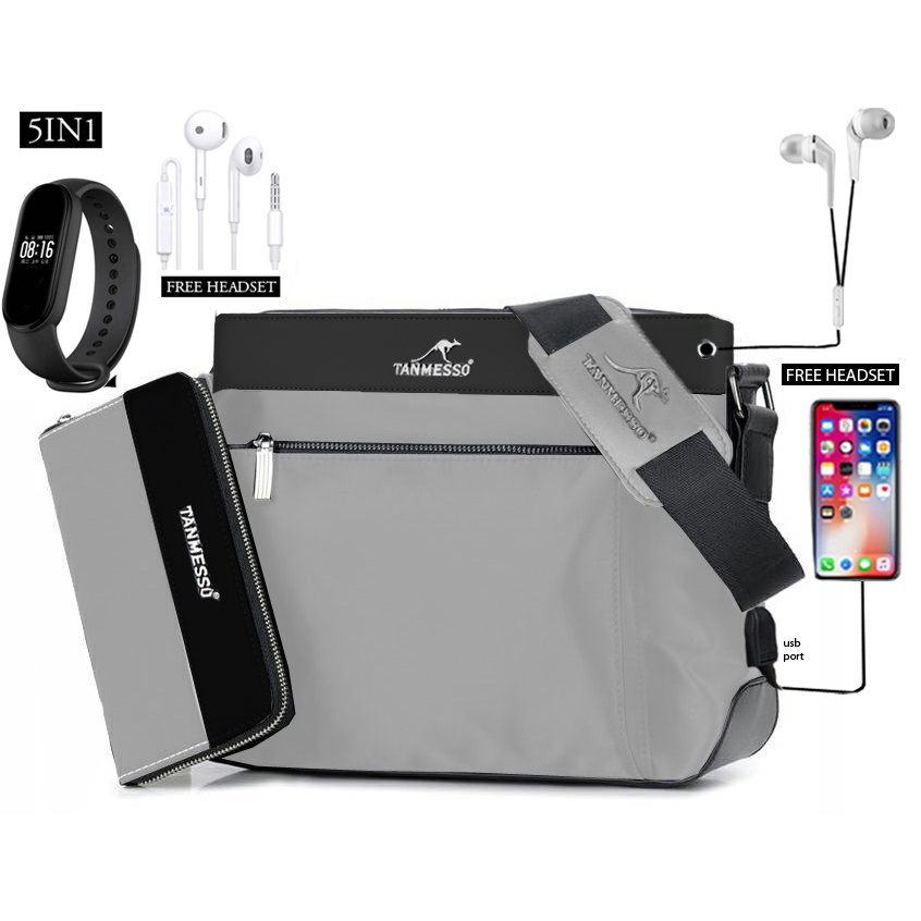 TANMESSO 5IN1 BAYAR DITEMPAT-BONUS JAM LED,DOMPET &amp; USBPORT&amp;HEADSET-tas selempang waterproof