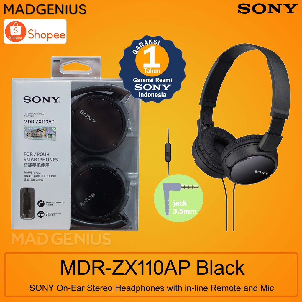 Sony Original MDRZX110AP / MDR ZX110AP / MDRZX110AP Black OnEar Stereo Headphones With Mic