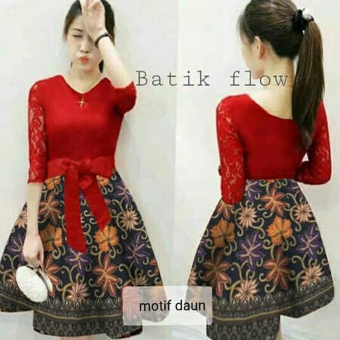 Dress Combi Batik Leaf Violin HIGH QUALLITY