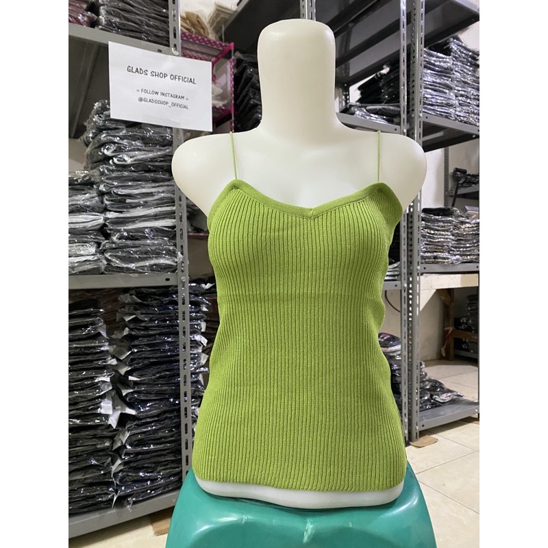 T968 • Korea Knit Tank Top • Kamisol Rajut • Tanktop Polos Tali Spaghetti • Fashion Wanita-Hijau