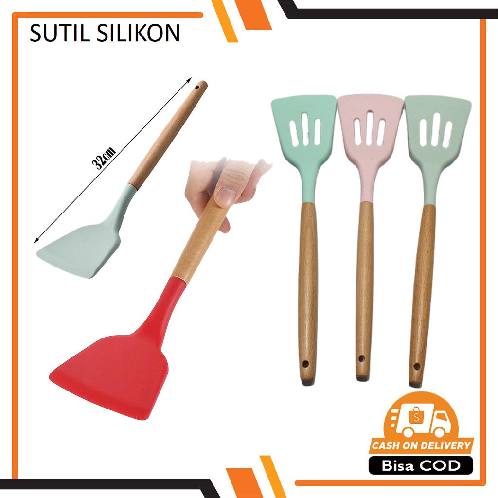 Sutil Silikon Tahan Panas Gagang Kayu Alat Masak Codet Spatula Silicone