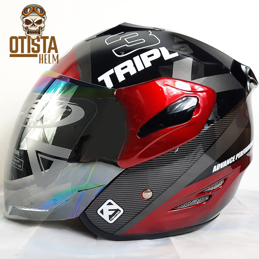 Helm Half Face Gm Fighter Triple Royal Red Glossy Merah Maroon Corak