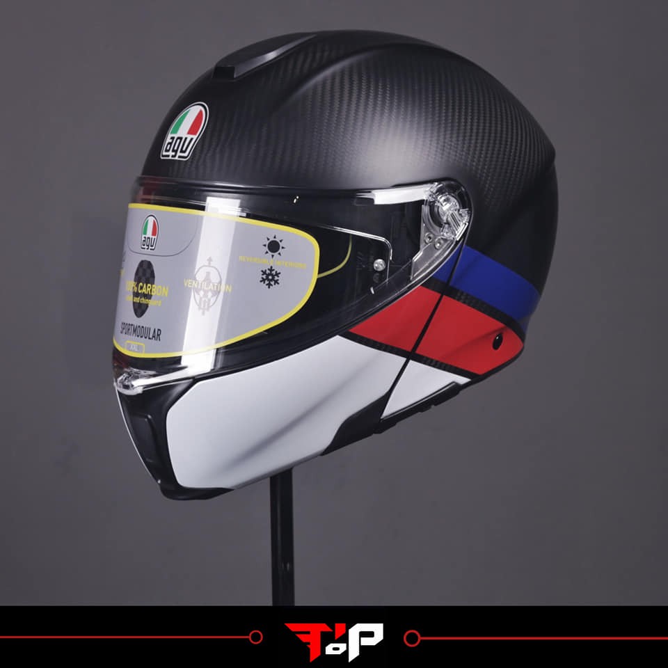 AGV SPORTMODULAR LAYER CARBON WHITE BLUE RED HELM MODULAR